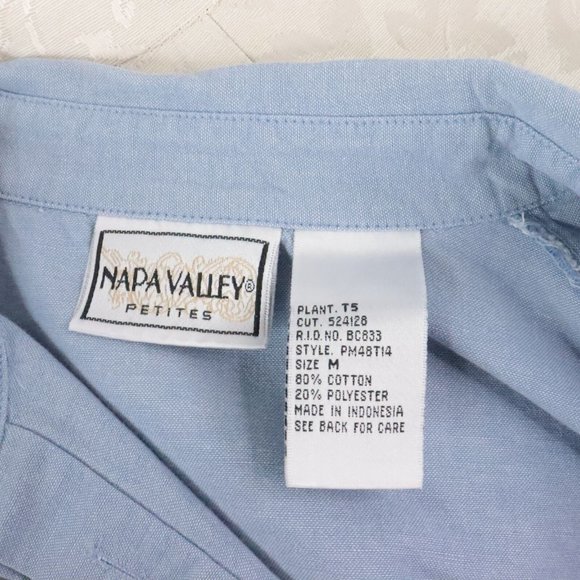 Napa Valley Petites Women's M Blue Embroidered Leaf Button-Up Roll-Tab Shirt - Picture 9 of 9